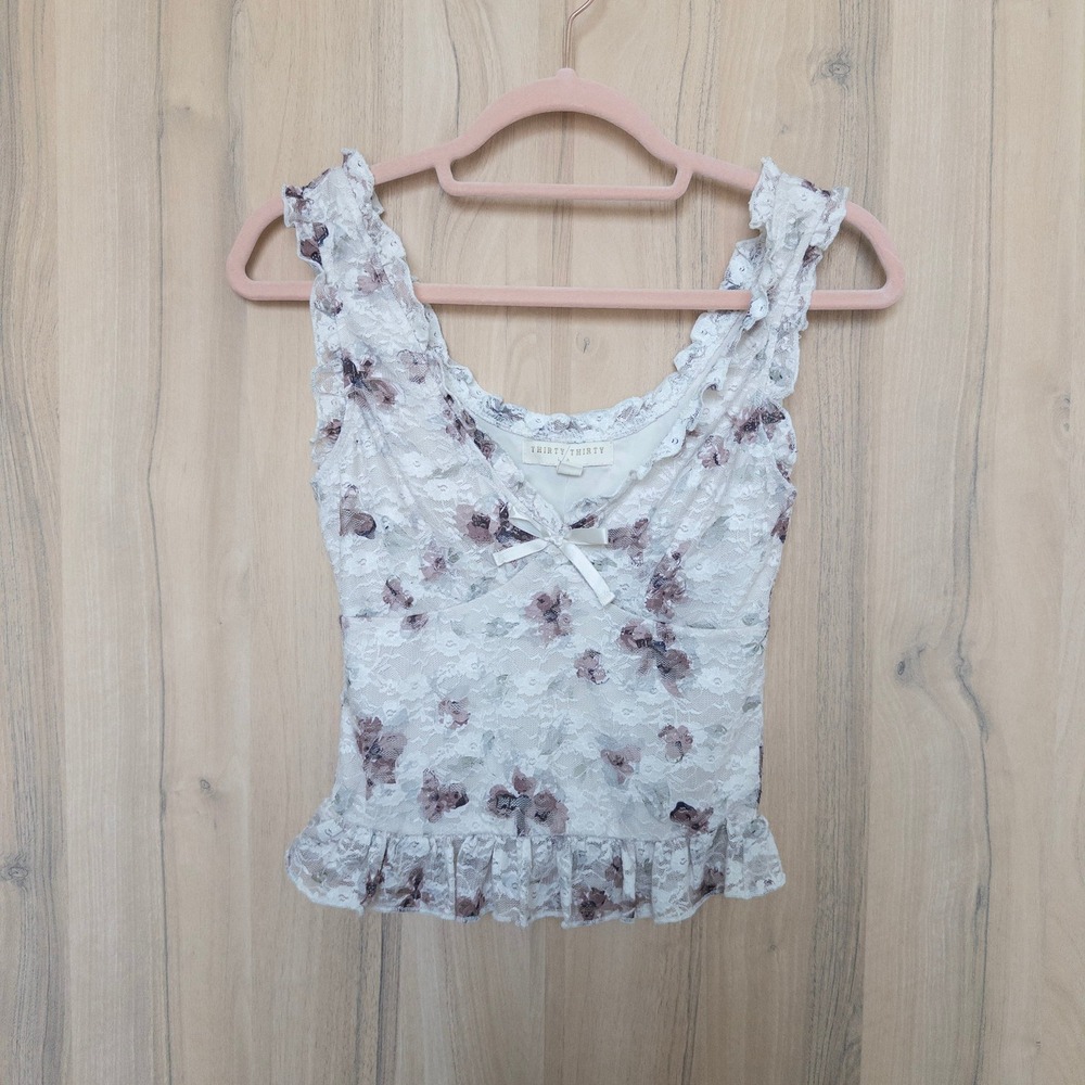 Womens Floral Lace Babydoll‎ Top XS White Ruffle Bow Y2K Fairy Coquette Ballet